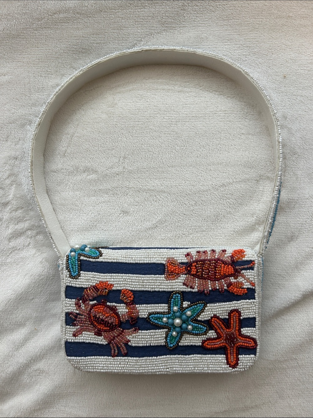 Beaded Ocean Stripe Shoulder Bag in White and Navy